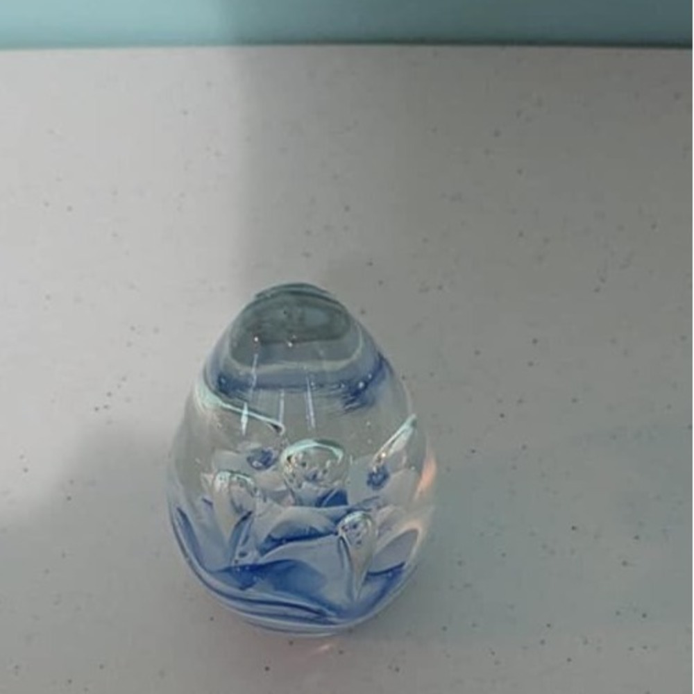 Blue White & Clear Blown Glass Paperweight 3 3/4" Tall Vintage